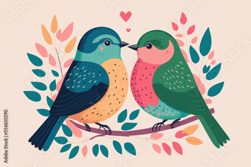 couple Love Birds perched on a branch of a Tree valentine day theme