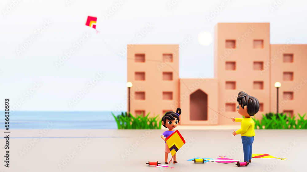 3D Render Of Kids Flying Kite In Front Of Buildings Background And Copy Space.