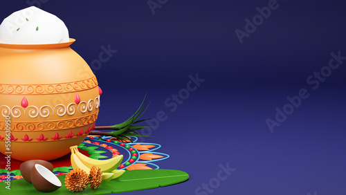 3D Render Of Pongal Festival Elements As Traditional Dish In Clay Pot, Fruit, Banana Leaf Over Rangoli And Blue Background With Copy Space.