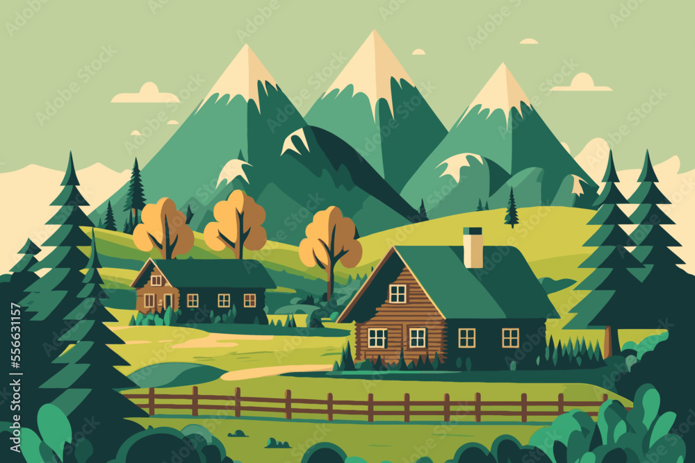 mountain green field alpine landscape nature with wooden houses