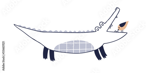 Cute bird brushing, cleaning teeth for funny crocodile with open mouth. Childish Scandinavian wild animals. Adorable Scandi characters. Kids flat vector illustration isolated on white background
