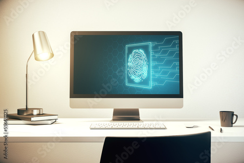 Computer monitor with abstract fingerprint scan interface, digital access concept. 3D Rendering