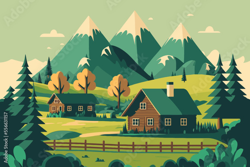 Leinwand Poster mountain green field alpine landscape nature with wooden houses