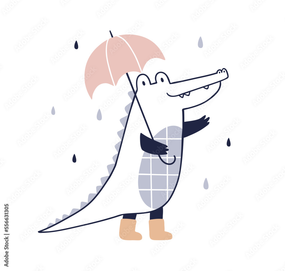 Cute happy crocodile walking under umbrella in rainy weather. Funny alligator animal in rain. Childish character in Scandinavian style. Flat graphic vector illustration isolated on white background - obrazy, fototapety, plakaty 