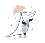 Cute happy crocodile walking under umbrella in rainy weather. Funny alligator animal in rain. Childish character in Scandinavian style. Flat graphic vector illustration isolated on white background