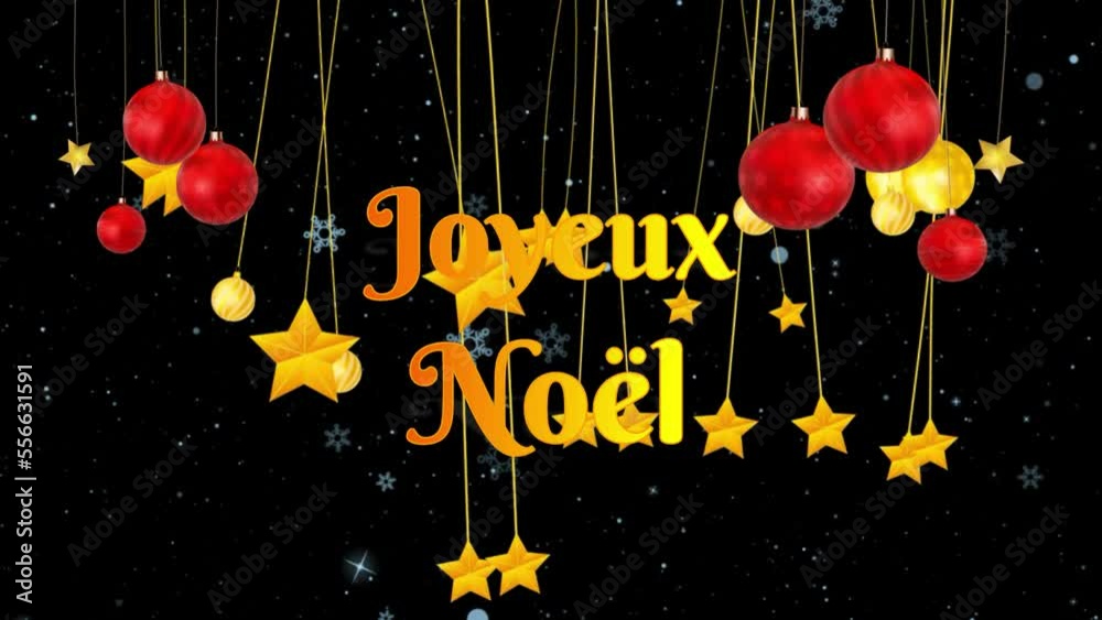 Feliz navidad en idioma francés con nieve, bolas de adorno y estrellas