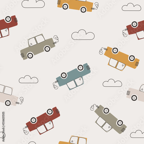 Cartoon cars bohemian style. Seamless pattern with transport. Simple background for the design of a children room, textiles. Cute toy vehicle. Doodle machine design in pastel retro tones. 