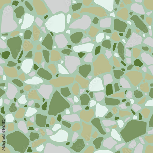 Texture of terrazzo flooring. Tile with pebbles and stone. Abstract light green mosaic, seamless pattern. Vector background