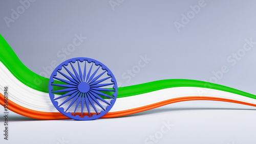 3D Render Ashoka Wheel (Chakra) With Indian Tricolor Wavy On Light Slate Color Background And Copy Space.