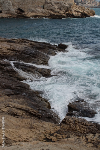 Crashing waves on the shore.