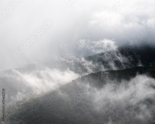 Cumulus clouds of dense fog run between forested hills