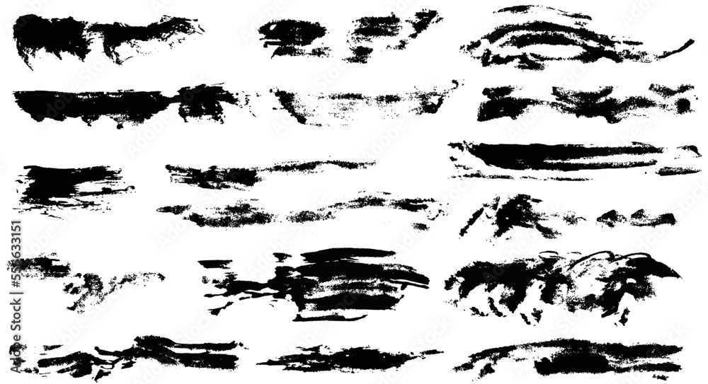 Vector set of different grunge brush dry smears. Collection of artistic ink black paint hand made creative brush stroke isolated on white background Vector set of different grunge brush dry smears. Collection of artistic ink black paint hand made creative brush stroke isolated on white background