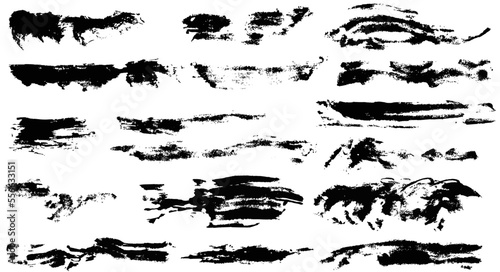 Vector set of different grunge brush dry smears. Collection of artistic ink black paint hand made creative brush stroke isolated on white background