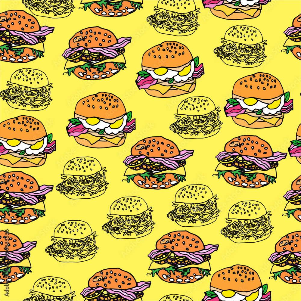 Vector hand drawn burgers and snacks patterns, cartoon burgers, colored food, food background, meal, cafe backdrop