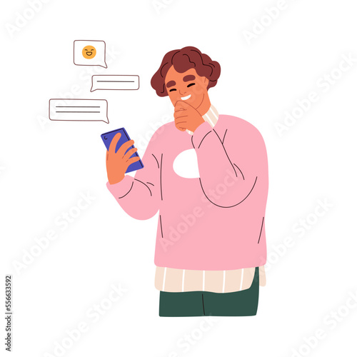 Texting and reading online messages using smartphone. Person holding mobile phone, laughing during internet communication, social media chat. Flat vector illustration isolated on white background