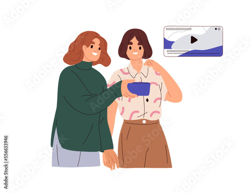 Women watching funny video together on mobile smart phone. Happy girl laughing, sharing, showing fun record on smartphone to female friend. Flat vector illustration isolated on white background