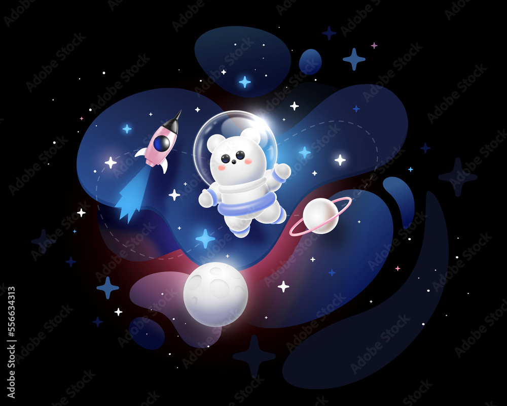 Fototapeta premium 3d abstract kid space illustration with astronaut bear in space suit with helmet, spaceship, star and planet on dark background. 3d style space design with animal astronaut bear
