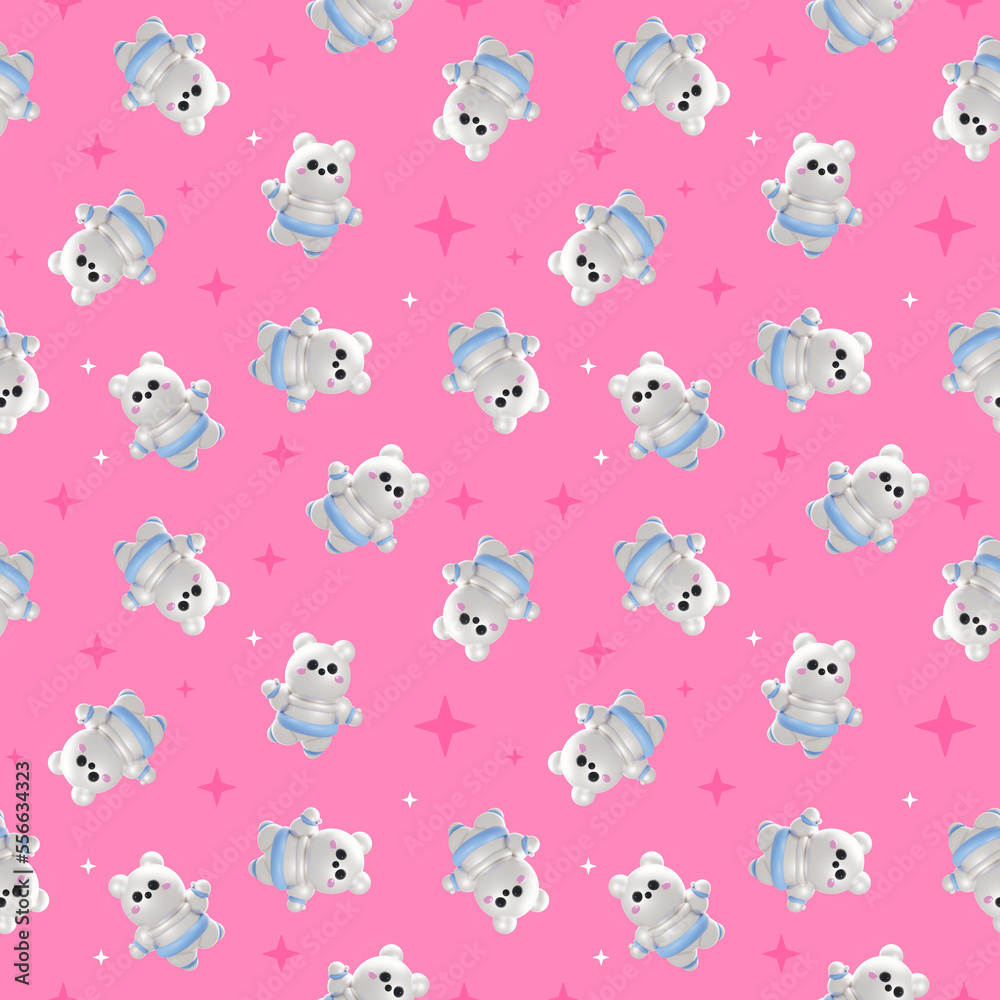 3d abstract kid space illustration with astronaut bear in space suit and star on pink color background. 3d space design of seamless pattern with animal astronaut bear 3d abstract kid space illustration with astronaut bear in space suit and star on pink color background. 3d space design of seamless pattern with animal astronaut bear