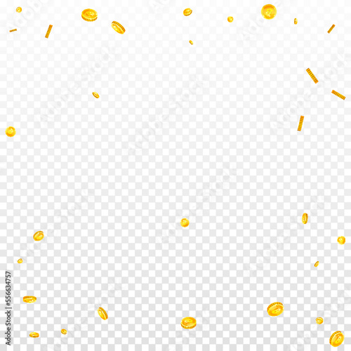 Bitcoin coins falling. Cryptocurrency scattered