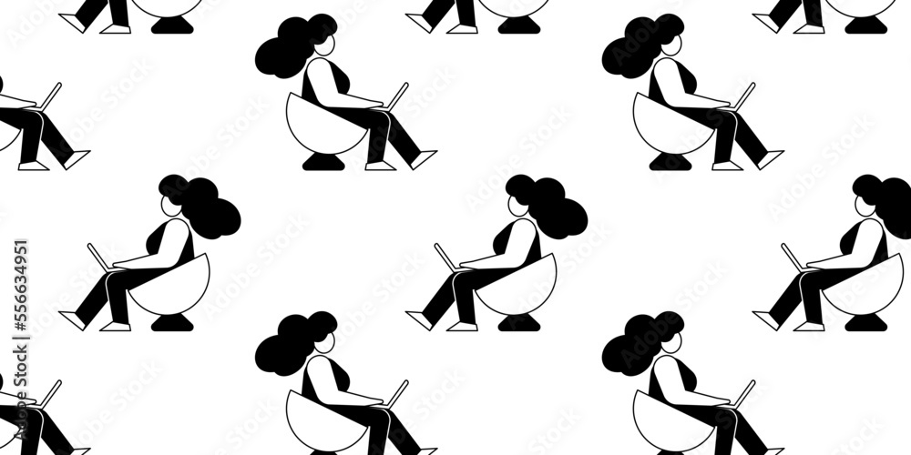 Vector abstract illustration of black and white cool girl in round armchair with laptop on white color background. Flat line art style seamless pattern design of business woman