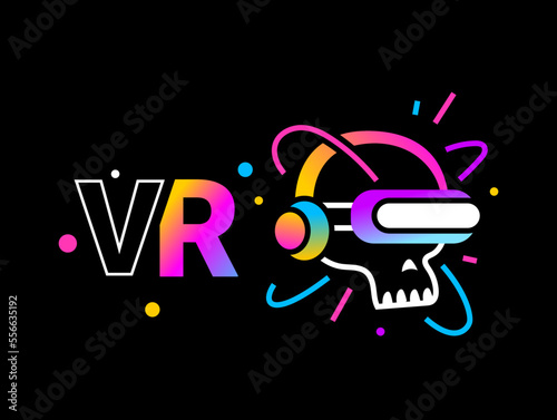 Vector neon color illustration of skull with headphones and virtual reality glasses on black background. Line art style design with letter vr