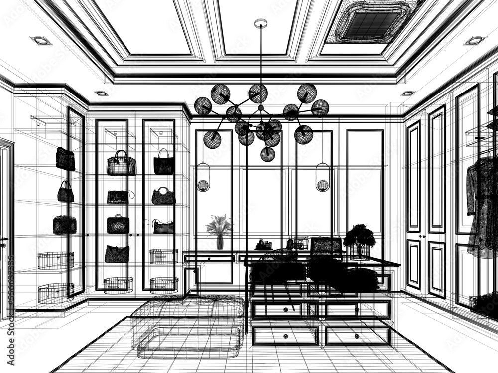 Fototapeta premium sketch design of interior walk-in closet room, 3d rendering