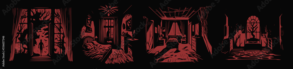 Dramatic, Creepy, Horror, Scary, Mystery, or Crime room Illustration. Illustration for Horror Movie or Halloween Poster Design Element. Vector Illustration