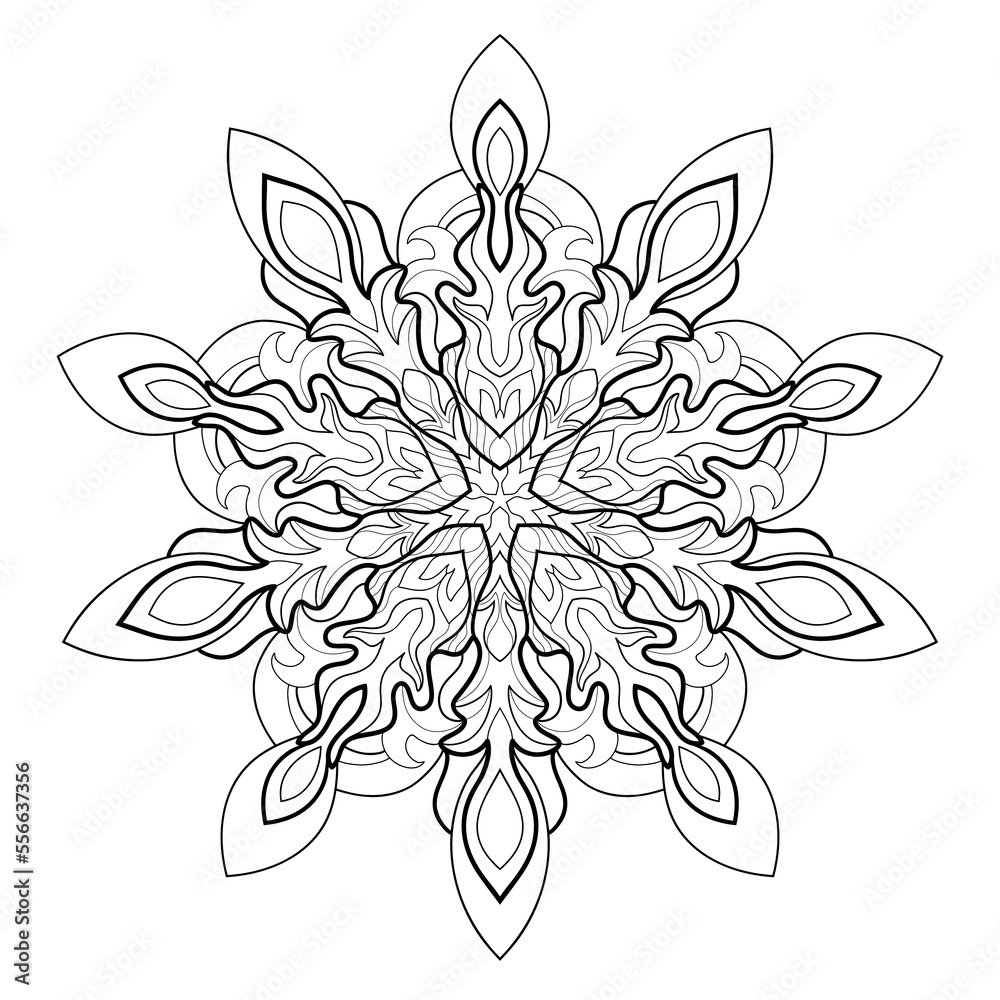 Decorative mandala with floral patterns on white isolated background. For coloring book pages.