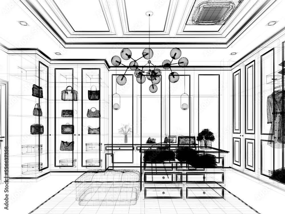sketch design of interior walk-in closet room, 3d rendering Stock ...