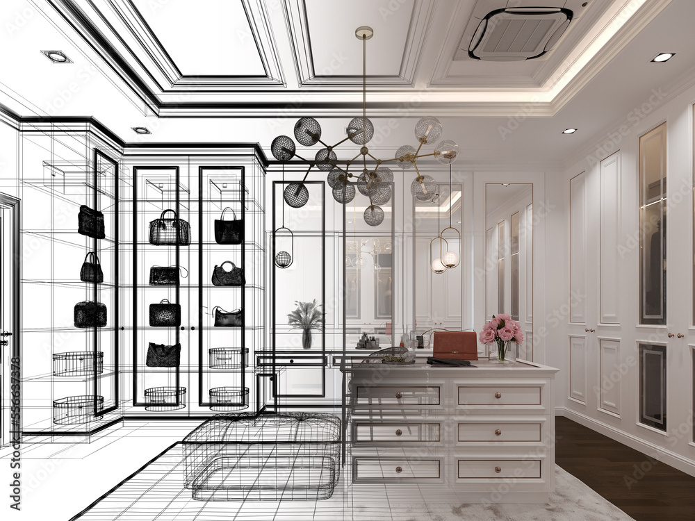 sketch design of interior walk-in closet room, 3d rendering Stock ...