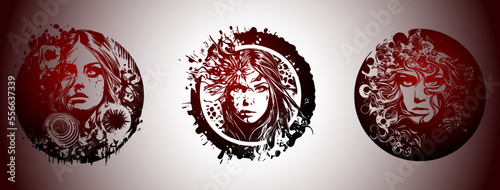 Psychedelic Horror Sketch gothic girl  and dripp watercolor. Isolated in red blood, vector illustration. 