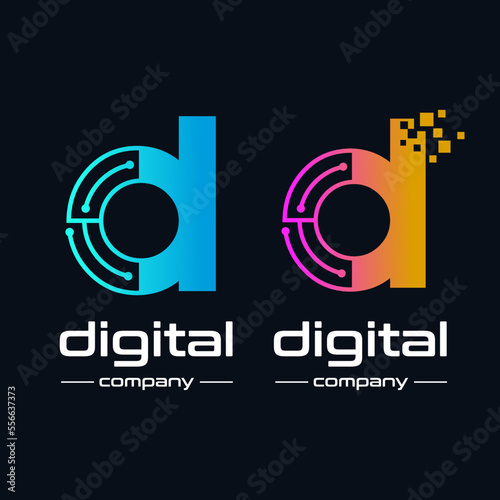 Lowercase Letter D Digital technology vector logo template with pixel symbol. This logo is suitable for industrial, automotive, circuit, modern, electric business.
