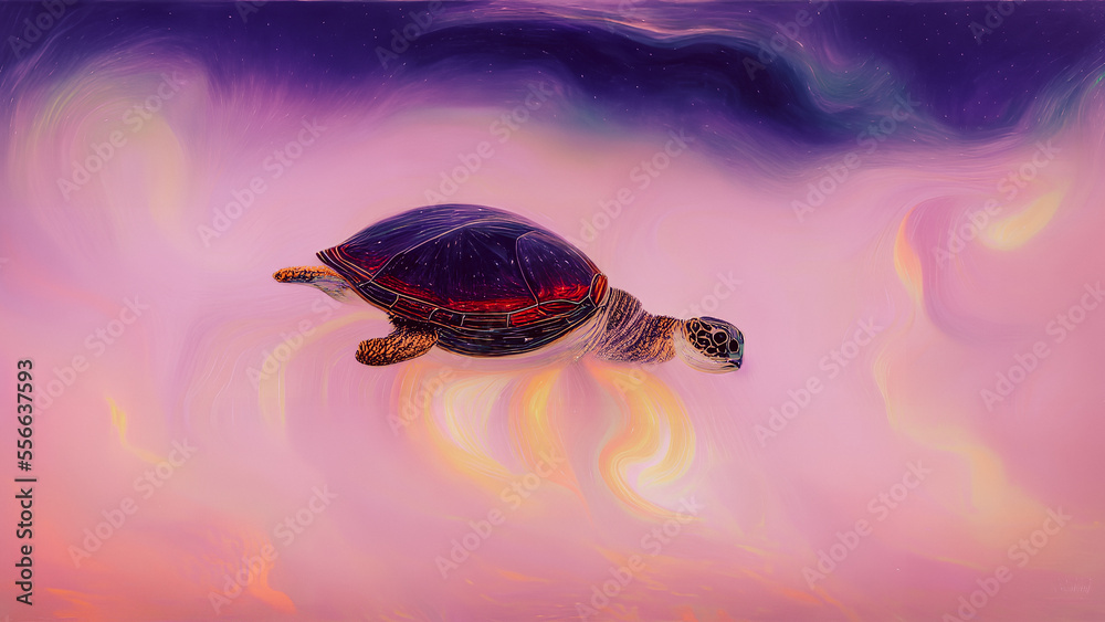 Obraz premium An abstract painting of a turtle set against a colorful background. Generative AI