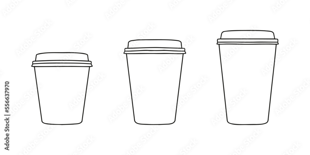 Three sizes of takeaway cups. A cup to carry. One Cup. Realistic Mockup. Three sizes of takeaway cups. A cup to carry. One Cup. Realistic Mockup.