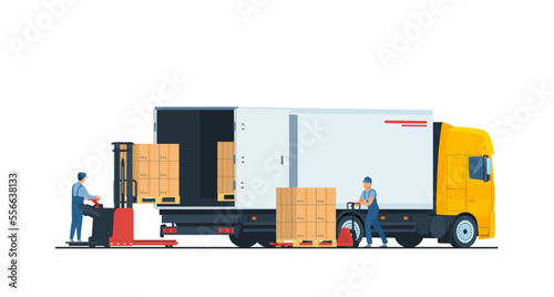 Warehouse staff loading a box truck using an electric forklift and a hand pallet truck. Vector illustration.