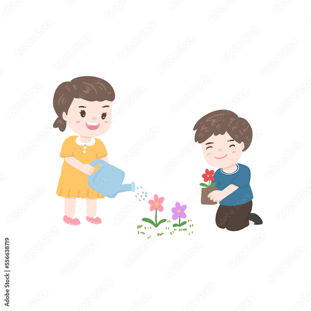 Kids planting tree and gardening fun, boy and girl working in garden illustration Kids planting tree and gardening fun, boy and girl working in garden illustration