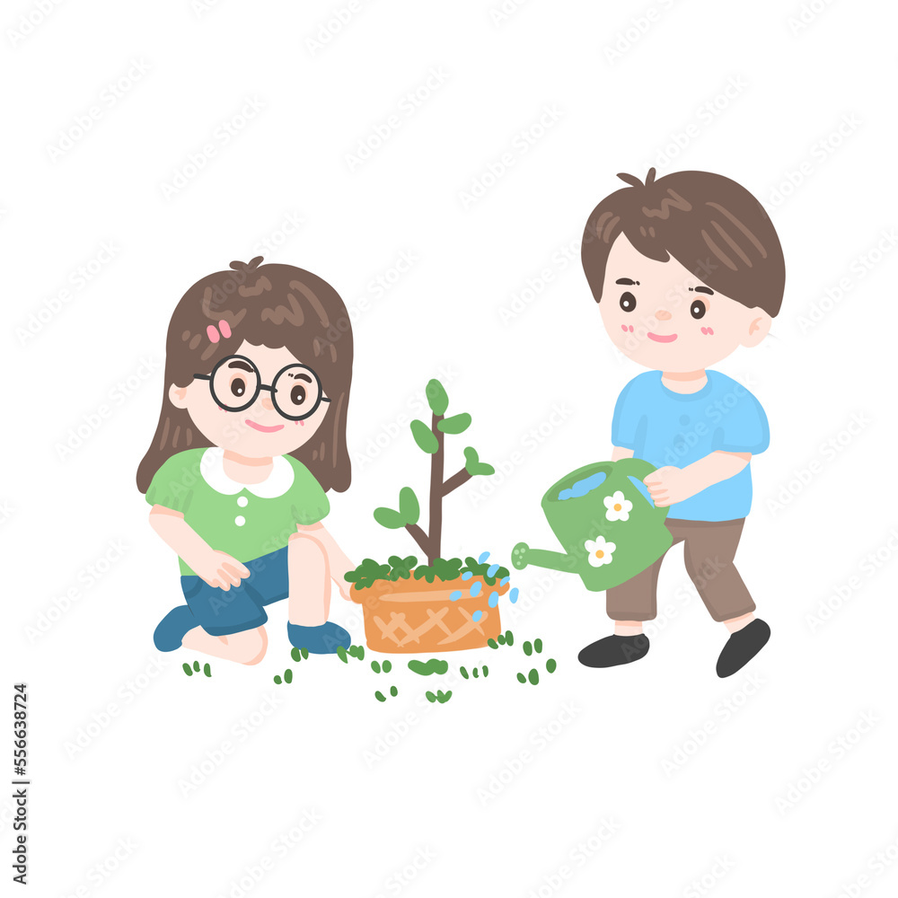 Kids planting tree and gardening fun, boy and girl working in garden illustration Kids planting tree and gardening fun, boy and girl working in garden illustration