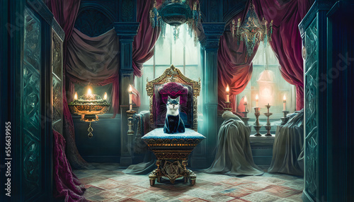 Cat is depicted seated on a throne in a royal chamber. Generative AI