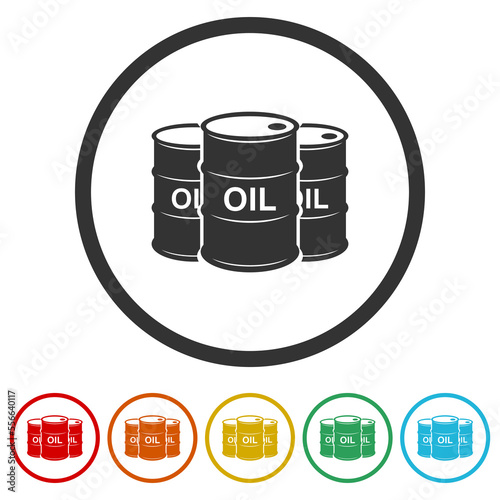 Oil drum container icon. Set icons in color circle buttons