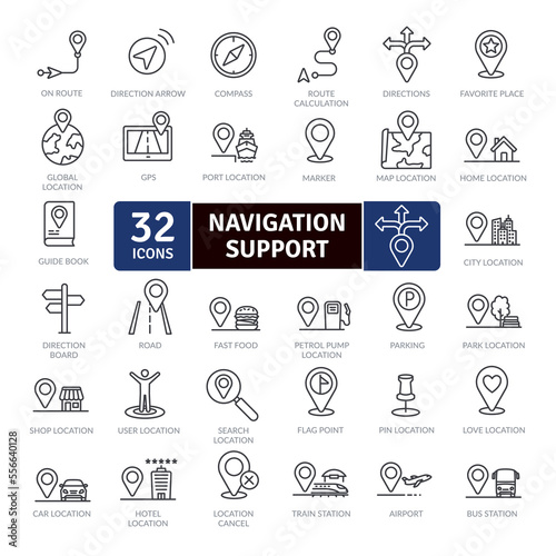 Navigation support icon pack. Collection of thin line icons that support digital navigation