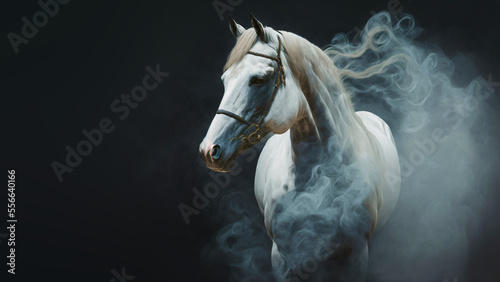 Gorgeous white horse in the smoke isolated on black background,space for text,generative ai