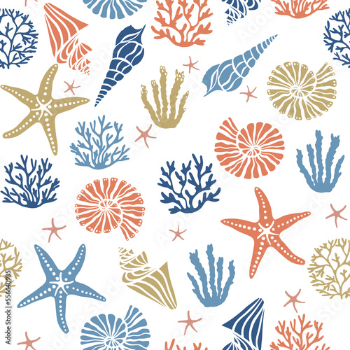 Billede på lærred Seashells algae, corals and starfish seamless pattern