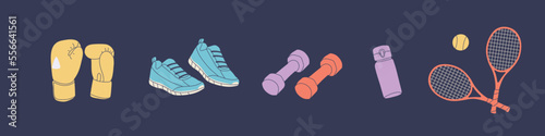 Workout stuff bundle. Various sport inventory set. Isolated flat vector illustration.