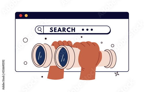 Searching information on Internet. Hands hold binocular and looks into them. Concept of search, research or strategy for business. Flat vector illustration