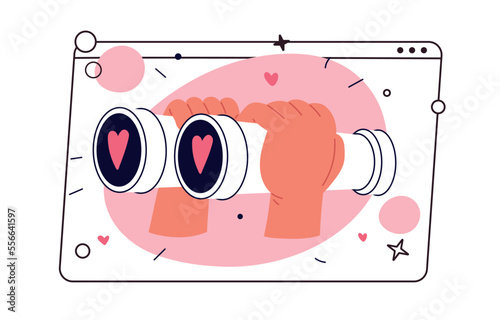 Search love in internet. Hands hold binocular and looks into them. Finding a partner, falling in love. Flat vector illustration