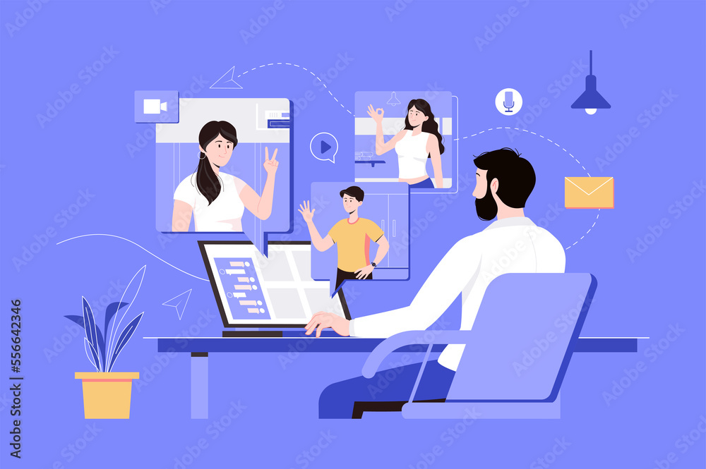 Video conference web concept with people scene in flat blue design. Man sits at laptop and chats online with group of friends or colleagues on screens and virtual communicates. Video conference web concept with people scene in flat blue design. Man sits at laptop and chats online with group of friends or colleagues on screens and virtual communicates.