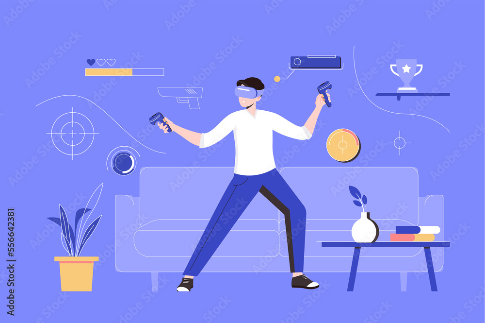 Virtual reality web concept with people scene in flat blue design. Man in VR glasses using controllers for interacts with augmented simulation for playing video game at home.