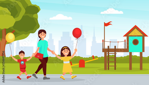 Mom with two kids walking in park. Family spend time together on playground cartoon