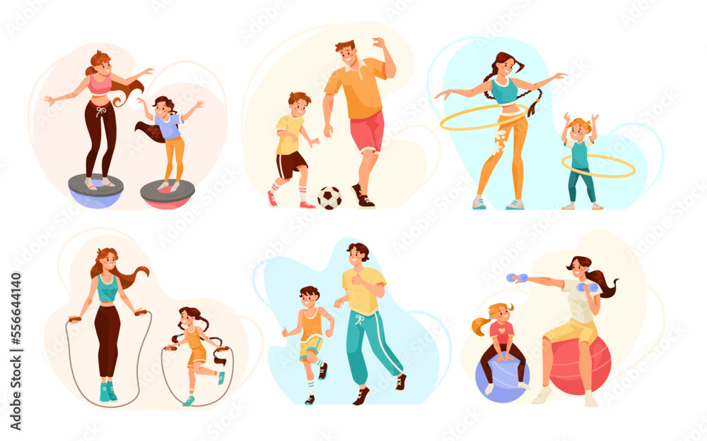 Parents with Their Children Doing Sport and Physical Exercise Vector Set