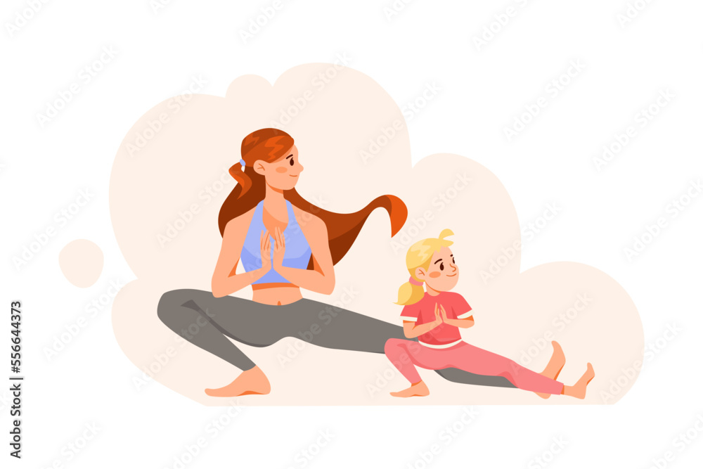 Woman Parent with Her Daughter Doing Yoga as Sport and Physical Exercise Vector Illustration